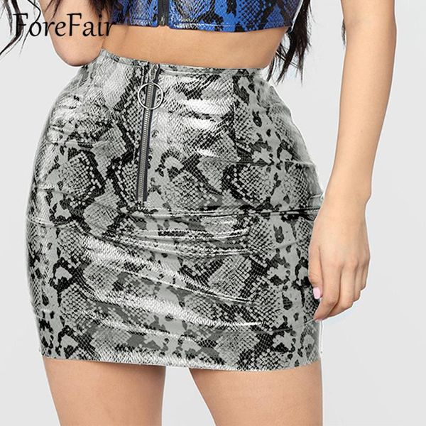 

skirts forefair 2021 women autumn winter pu leather skirt high waist front zipper snake skin mini bodycon pencil, Black