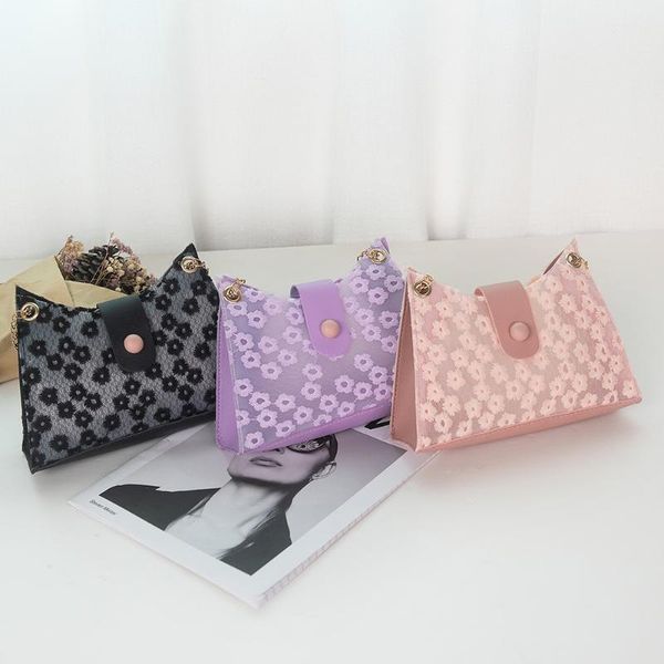 

evening bags elegant floral printing chain underarm pu leather lace hollow crossbody handbags for women daily translucent purse