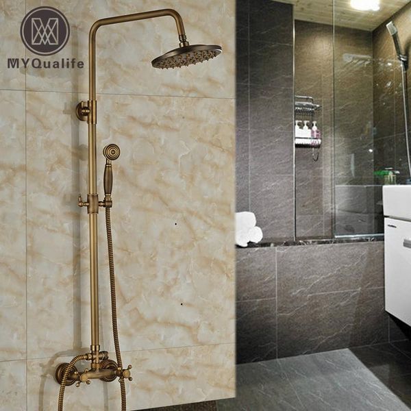 

antique brass 8" rain bathroom shower faucet system dual handles with handshower sets