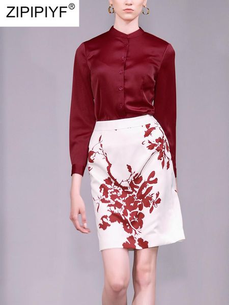 

women's two piece pants 2021 fashion runway clothes set o-neck long sleeves stain blouse + empire print knee-length pencil skirt suit c, White