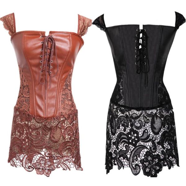 

bustiers & corsets plus size gothic corset bustier dress women pu leather lace strap waist cincher steampunk shaper underwear lingerie, Black;white