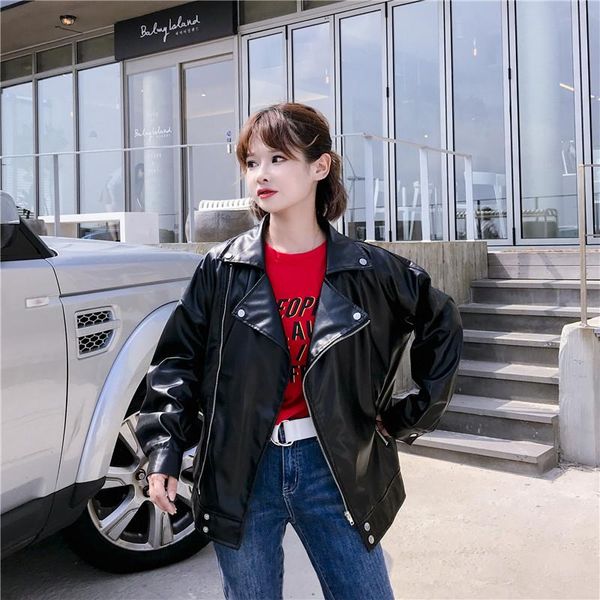 

women's leather & faux autumn coat jacket solid vintage women 2021, Black