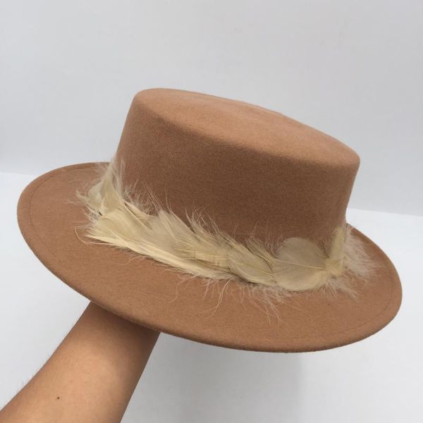 

stingy brim hats autumn winter natural wool feathers flat wide hat french elegant fashion, Blue;gray