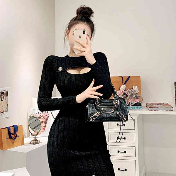 

casual dresses new women knitting black long sleeve o neck hollow out knee-length party lady fashion kwqb, Black;gray