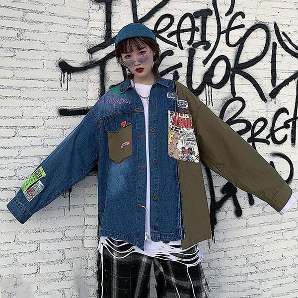 

women's jackets seebeautiful contrast color print stitching denim loose coat lapel long sleeve pocket button women autumn 2021 fashion, Black;brown