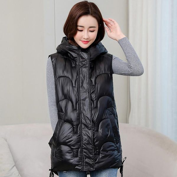 

women's vests autumn winter black vest women sleeveless waistcoat hooded loose outerwear fashion cotton jacket woman, Black;white