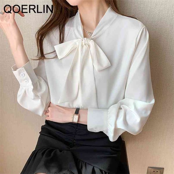 

qoelrin spring style french long sleeve temperament stand-up collar chiffon shirt bowtie loose white blouse women 210601