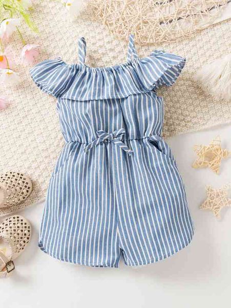 

baby striped cold shoulder tie front ruffle trim romper she, Blue