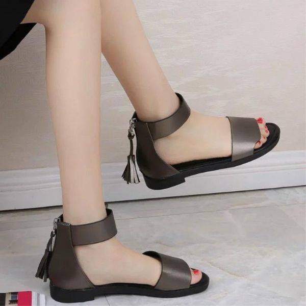 

fashion concise cover heel summer gladiator retro women sandals shoes flat rome, Black