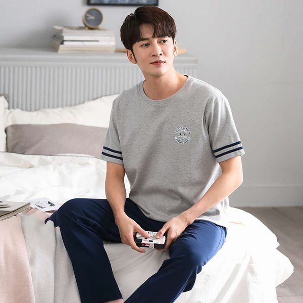 

simple short nightwear mouw summer men's pajamas set katoen soft losse o-neck nightwear plus size casual comfortable lounge wear, Black;brown