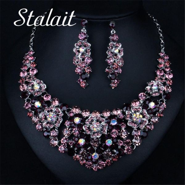 

earrings & necklace sumptuous flower bridal wedding prom jewelry purple crystal rhinestone earring set for women charm, Silver