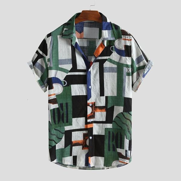 

men's casual shirts mens hawaiian blouses short roll up sleeve turn down collar button streetwear geometric print chemise 2th4, White;black