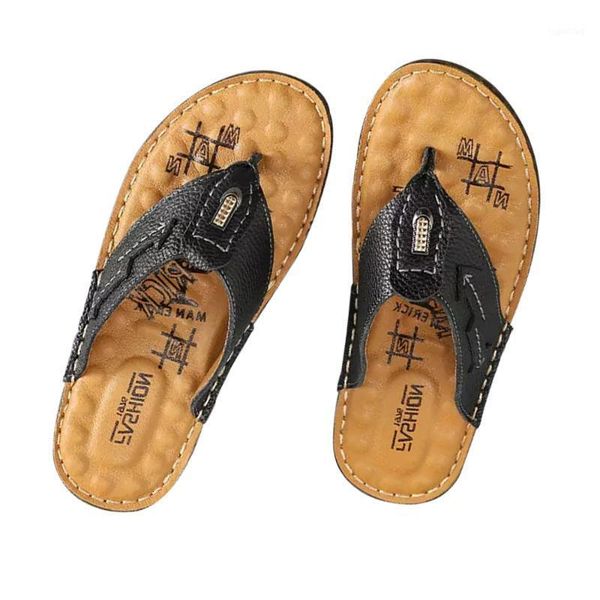 

slippers male genuine leather flip flops summer leisure non-slip wear-resistant slippers outdoor fashionable for men1 g2u3, Black
