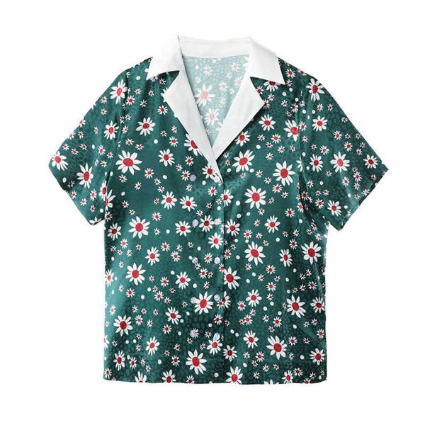 

perhaps u women shirt short sleeve summer notch collar floral print green satin beach b0612 210529, White