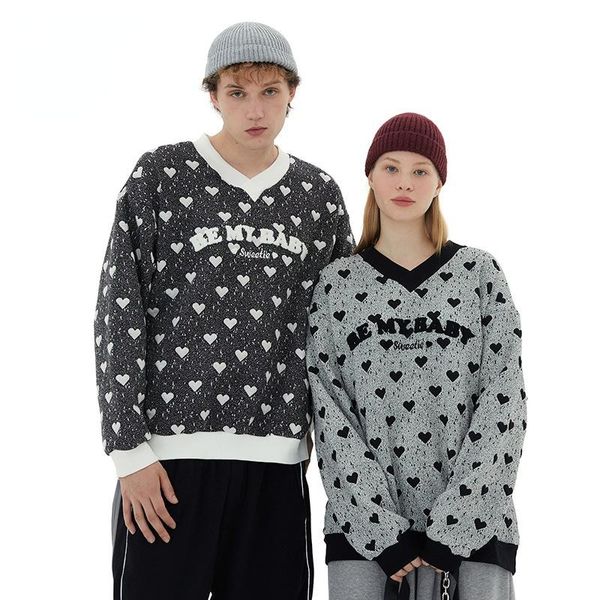 

men's hoodies & sweatshirts japanese street fashion love printing cotton long sleeve couple outfit pullover autumn and winter men v-nec, Black