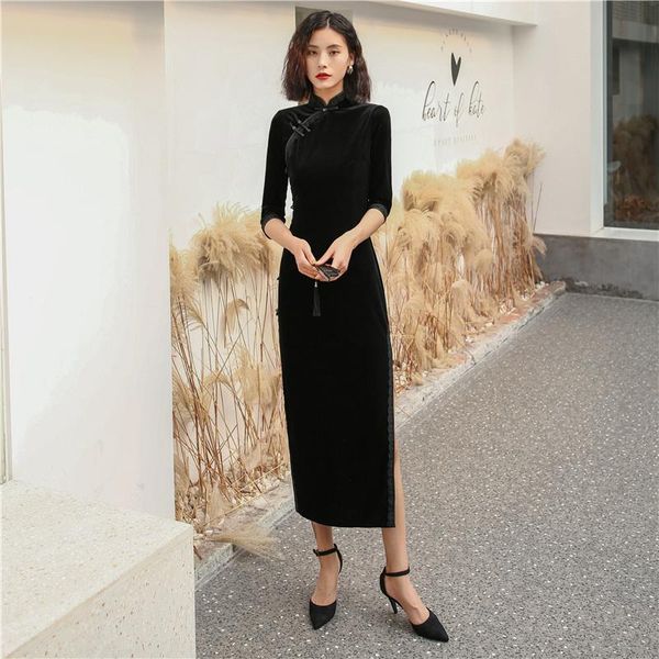 

rain wear long black pleuche cheongsam young girl spring and autumn slimming chinese style banquet