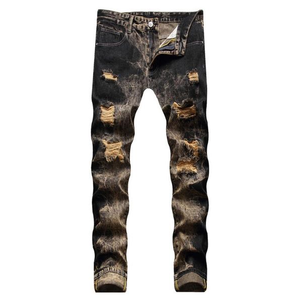 

men's jeans holes ripped denim streetwear vintage retro black gradient color straight pants distressed washed trousers, Blue