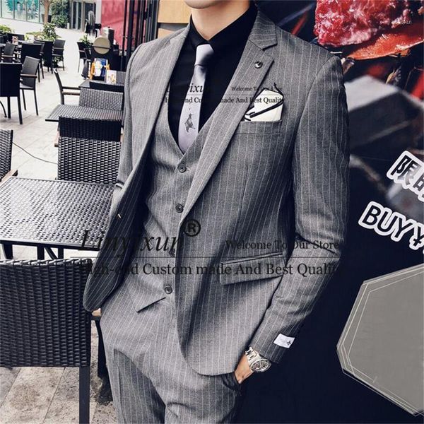 

men's suits & blazers grey pinstripe slim fit men notched lapel groom wedding tuxedo business male 3 pieces jacket vest pants set costu, White;black