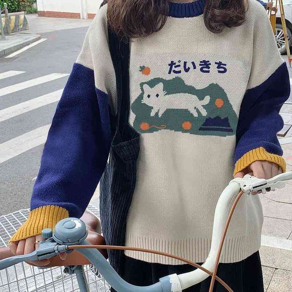 

women's sweaters harajuku kawaii camisola de malha plus size roupas femininas outono inverno o-pescoÃ§o costura bonito gato pulÃ´ver scho, White;black