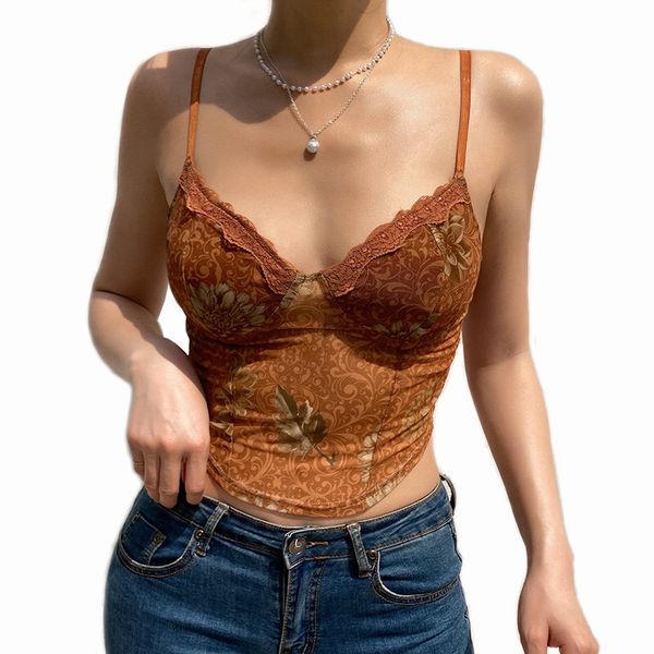 

women crop tanks print floral mesh camis vintage cropped indie clothes streetwear vest summer, White