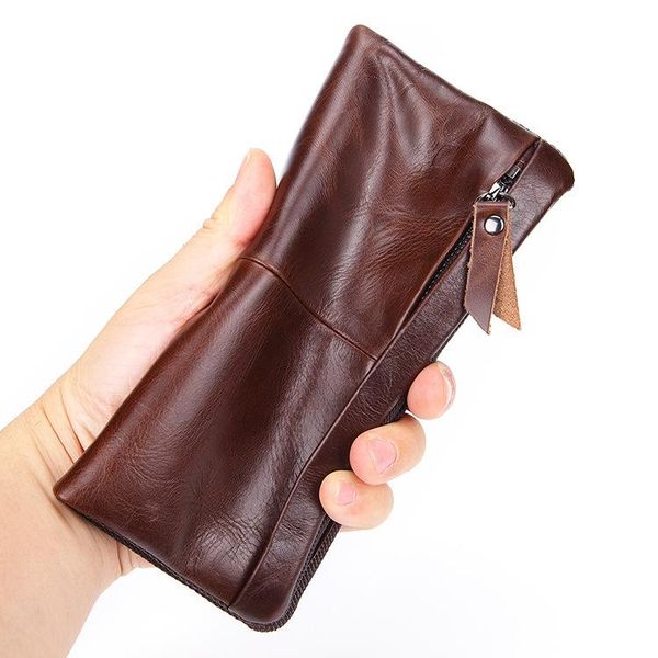 

genuine leather men long zipper hasp card holer soft purse wallets, Red;black