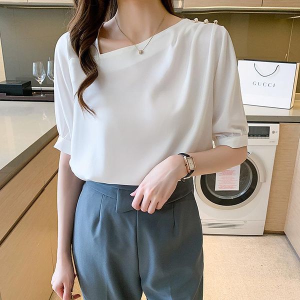 

women's blouses & shirts 2021 summer wear korean versatile slant collar solid color short sleeve shirt blouse daily rm*, White