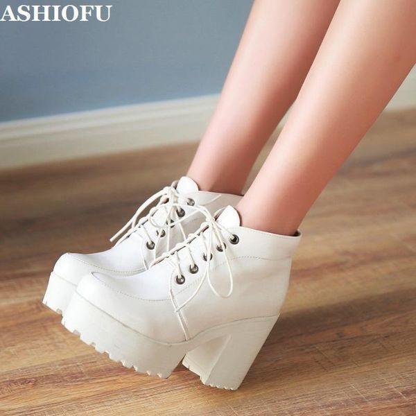 

boots ashiofu 2021 handmade women's block-heeled thick-sole party school ankle booties lace-up winter fashion short, Black