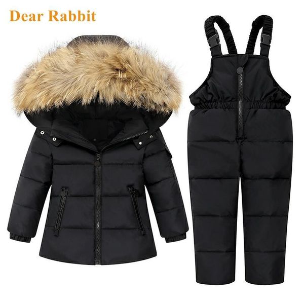 

clothing sets winter children set snow wear duck down jacket baby boys toddler girls clothes kids parka faux fur hood coat russia, White