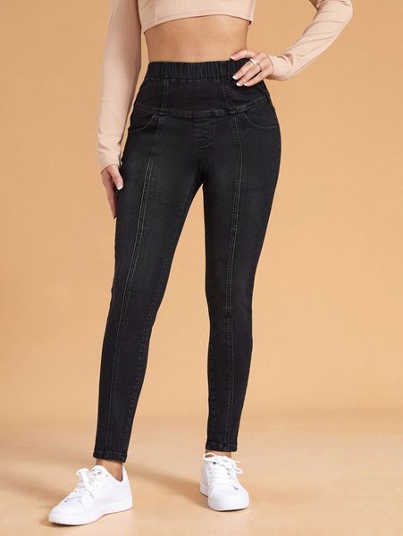 

slant pocket elastic waist jeggings b8qp#, Blue