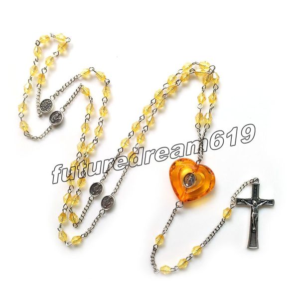 Gelbe Kristall-Rosenkranz-Halskette, religiöse lange Kreuz-Anhänger-Halskette für Frauen