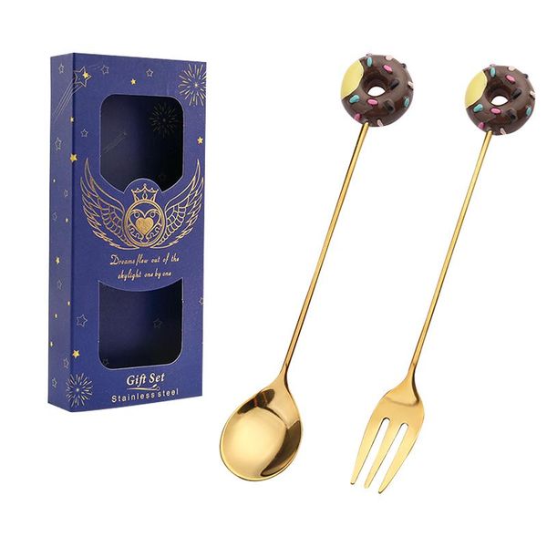

dinnerware sets 2pcs/set gift box donut children stainless steel spoon fork tableware ice cream dessert coffee fruit long handle kitchen too