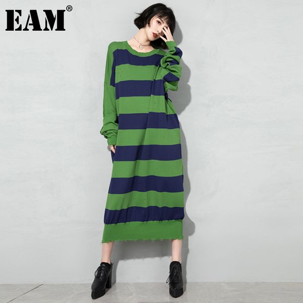 

[eam] women black big size striped knitted dress round neck long sleeve loose fit fashion spring autumn 1dd6716 21512, Black;gray