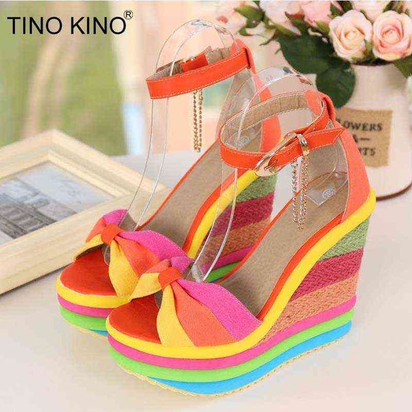 Frauen Sandalen Keile Regenbogen Schuhe Mädchen Bunte Plattform Farben Bogen Knoten Hanf Unten Weibliche Knöchel Schnalle Strap Damen Sommer 220315