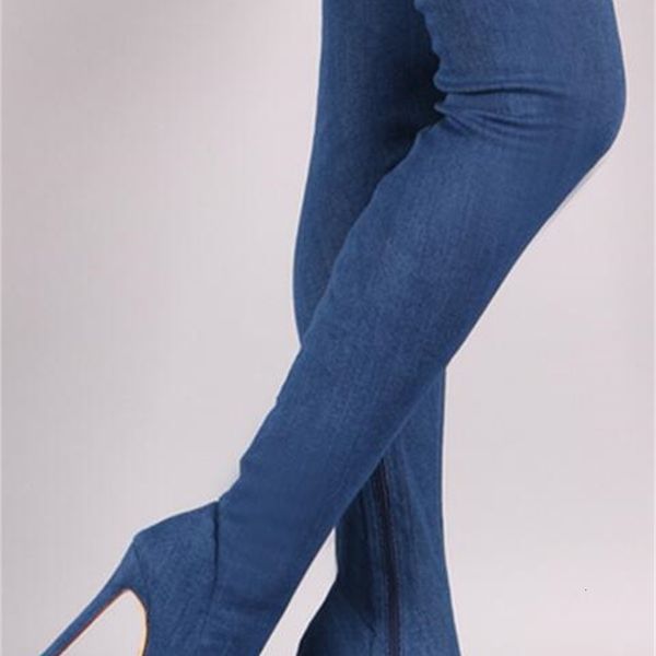 

boot blue sman denim fabric stretch thigh pointed toe high to woman thin heels 35-42 long boots, Black