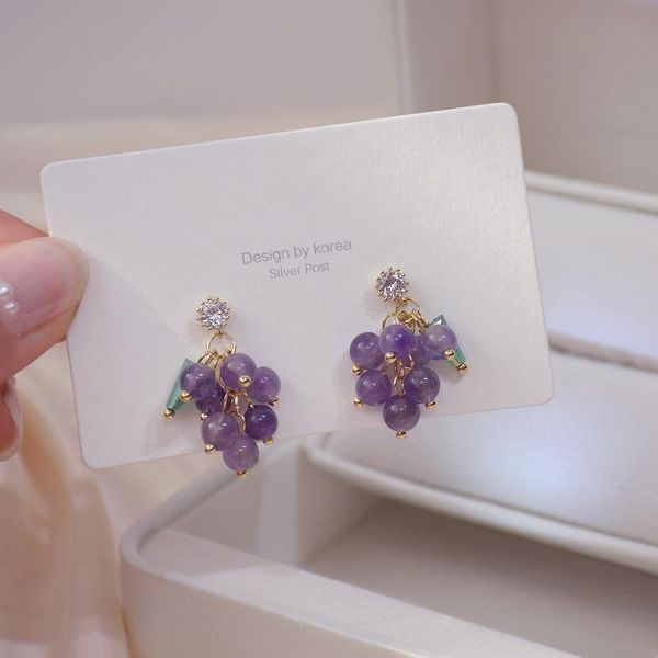 

14k real gold 925 silver needle sparkling diamond exquisite purple grape crystal cute stud earrings for women, Golden;silver