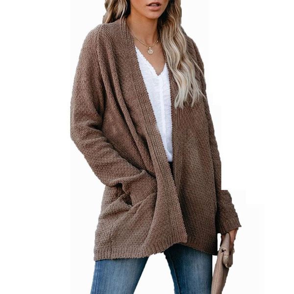 

women's knits & tees sweater solid knitted cardigan with pocket medium length open front long sleeve outwear coat for daily no button p, White