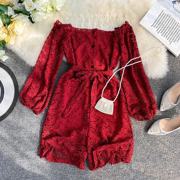 

women's jumpsuits & rompers seaside holiday openwork lace slash neck off-shoulder bubble sleeve wide leg shorts jumpsuit female, Black;white