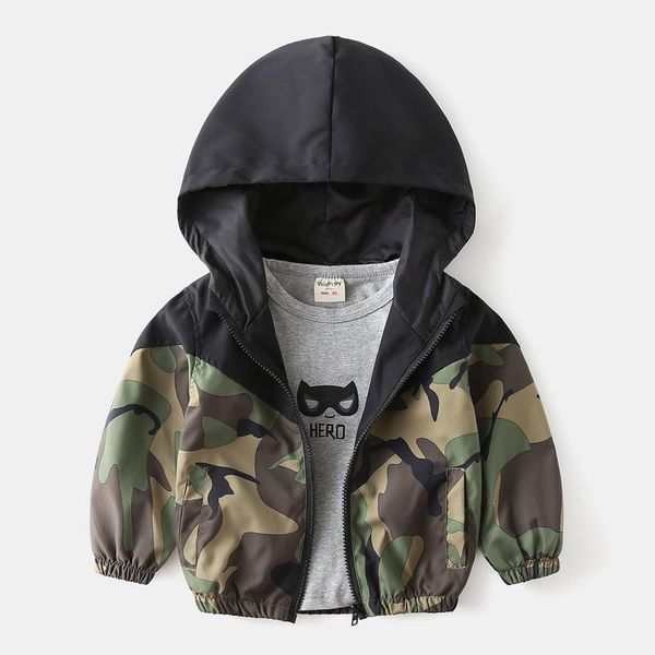 

jackets spring autumn children camouflage hooded coat boys long sleeve elastic hem zip-up jacket with pockets, Blue;gray
