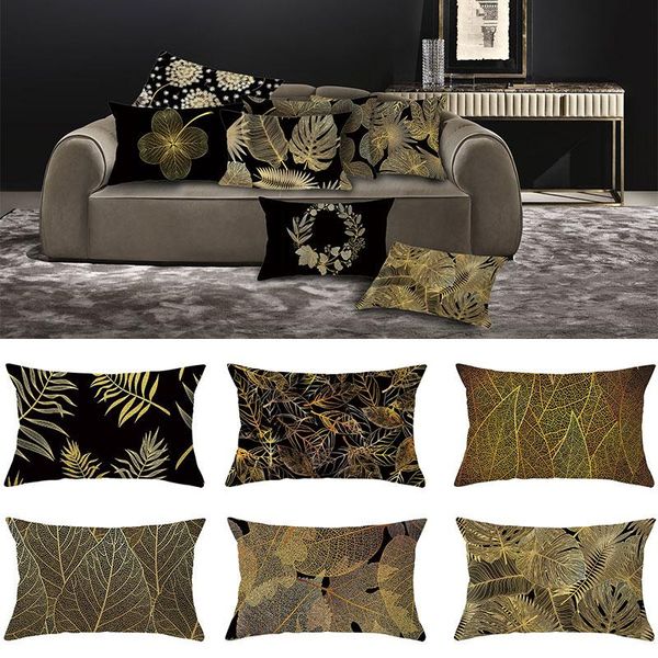 

pillow case luxury black gold lumbar pillowcase plant leaf printed sofa cushion cover peach skin velvet throw 30x50cm