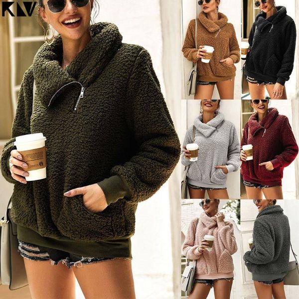 

women's hoodies & sweatshirts klv women winter autumn zipper fannel-neck long sleeve pockets fleece sherpa pullover ladies hoody outwea, Black