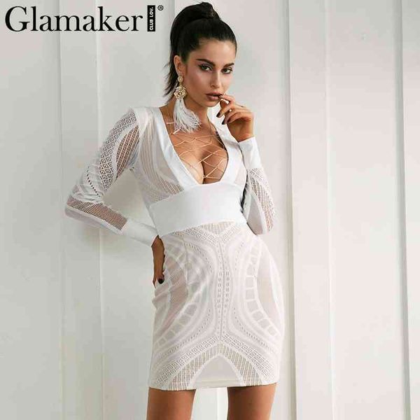 

glamaker deep v neck lace up dress women casual patch bodycon dress elegant long sleeve women mini dress vestido de festa 210414, Black;gray