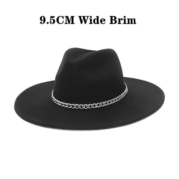 

berets men women retro 9.5cm wide brim wool fedora hat with chain felt panama jazz cap trilby wholesale, Blue;gray