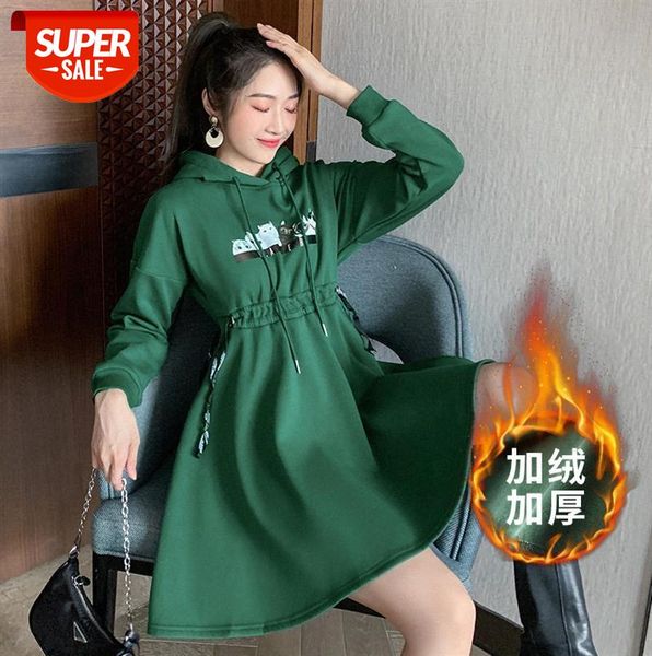

fleece padded long-sleeved hooded sweater skirt, trendy women's personalized waist dress #cq8w, Black;gray