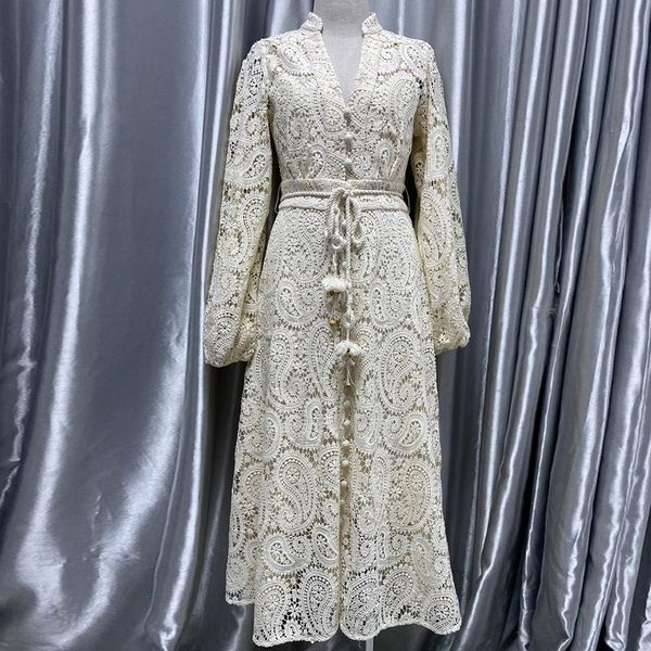 

casual dresses women lace vintage maxi dress hollow out long lantern sleeve high waist tunic sashes two piece, Black;gray