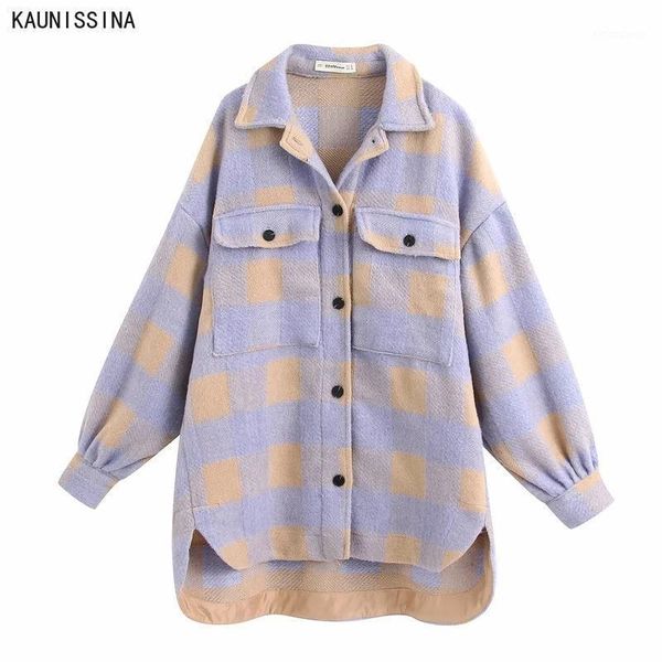 

women fashion oversized plaid woolen jacket coat vintage pocket asymmetric female outerwear chic streetwear jackets women's, Black;brown