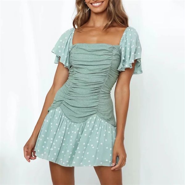 

foridol polka dot flare sleeve bodycon summer dress women ruched ruffle party short mini dress vintage beach green dress vestido 210415, Black;gray