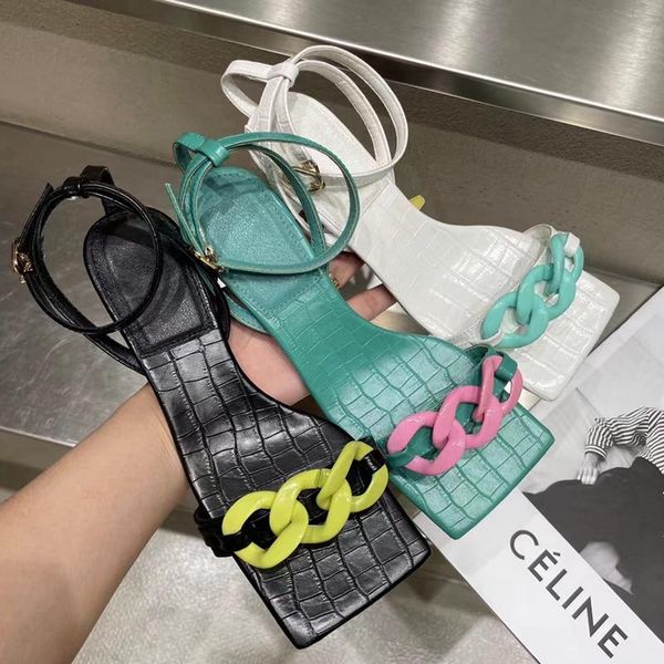 

sandals 2021 fashion color chain metal women thin low heew square toe buckle strap gladiator shoes summer outdoor rome sandalias, Black