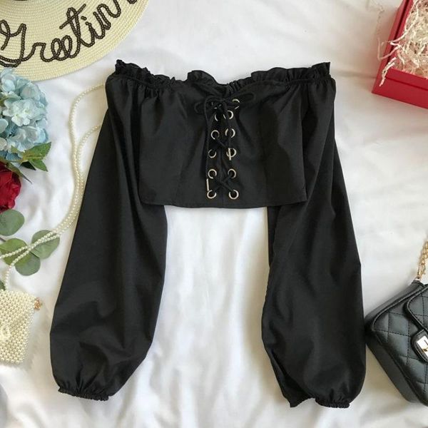 

women's blouses & shirts womens off shoulder long sleeve ruffle vintage blouse with puff sleeves lace up ladies bandage crop black, White
