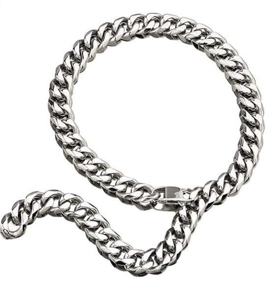 

hip hop mens choker stainless steel miami chain curb cuban link rapper necklace jewelry with tail 13mm 24 inch-32 inch, Silver