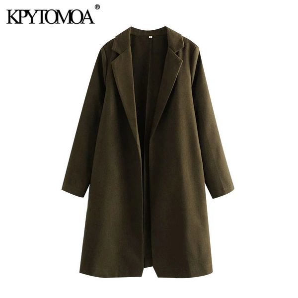 

women fashion side pockets open stitch woolen coat vintage lapel collar long sleeve female outerwear chic overcoat 210416, Black